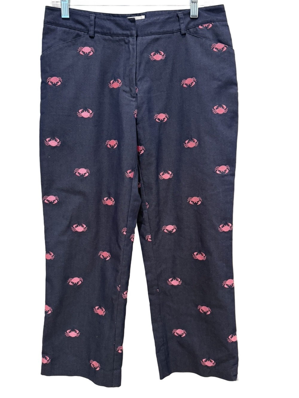 Lilly Pulitzer Navy Blue Denim Crop Pants with Pink Crab Embroidery. Size 6